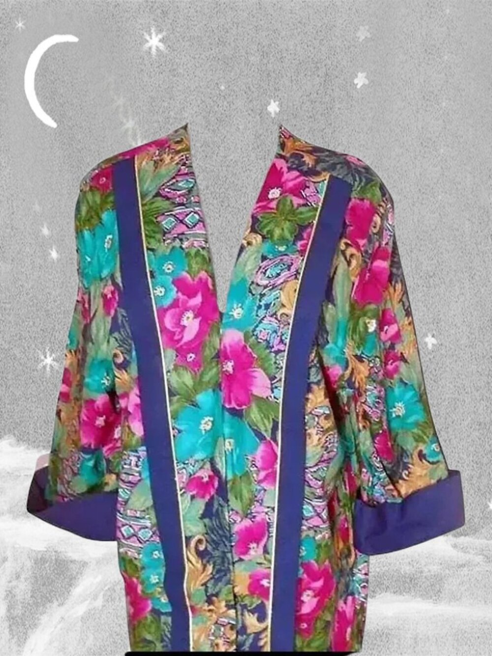 Kimono Style Jacket 80s Vintage Multicolor Floral & Metallic Gold LARGE